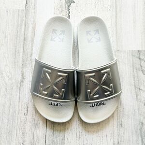 Off-White HF Mirror Silver Arrow Embossed Logo Rubber Pool Slides 36 / Women’s S